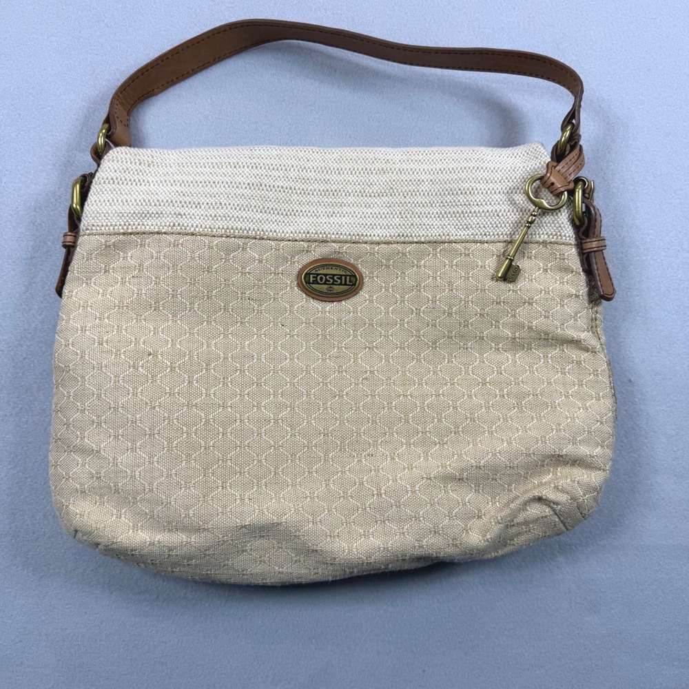 Fossil Canvas Geometric Shoulder Bag Brown Leather Trim Tan Orange Interior